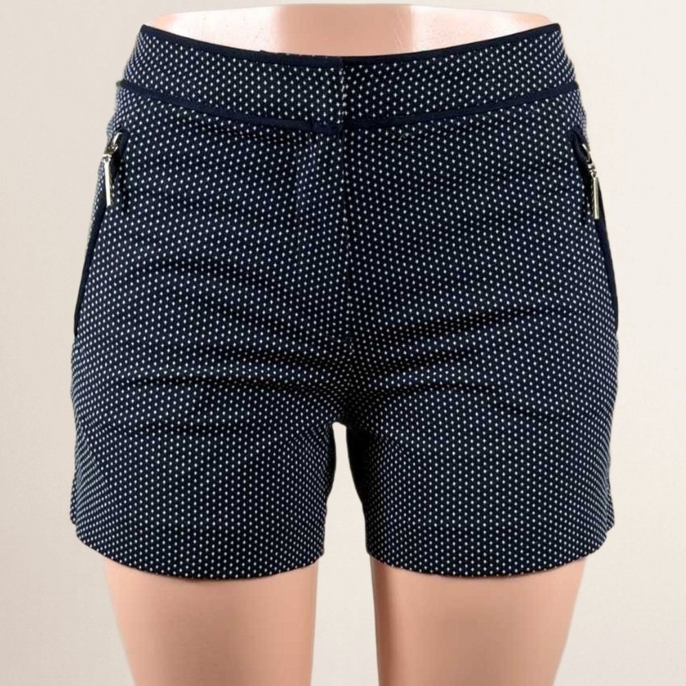 H&M Navy Blue White Diamond Pattern Tailored Shorts Gold Side Zippers Size 6